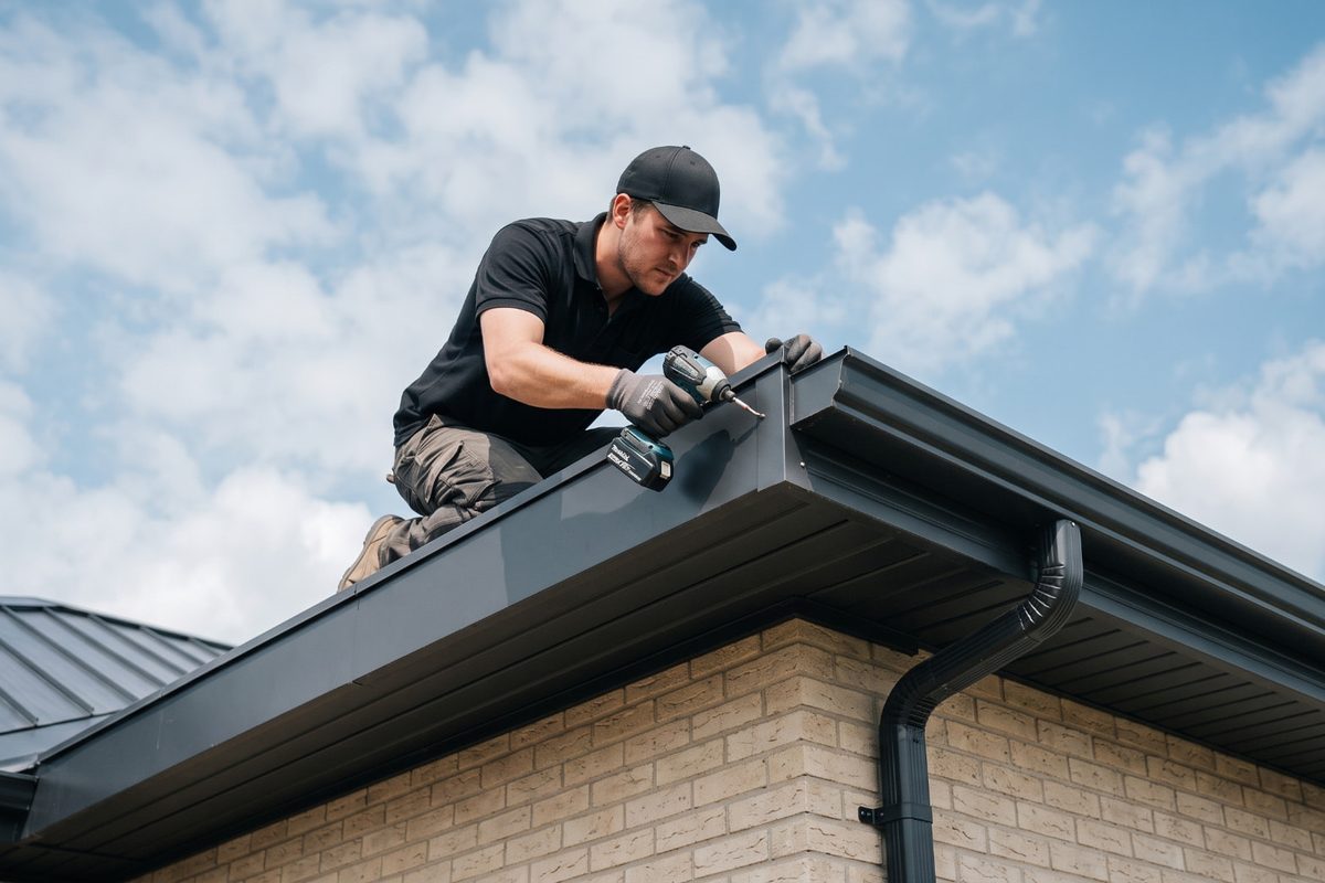 A technician fastening a black gutter to the edge of a roof on a bright day.