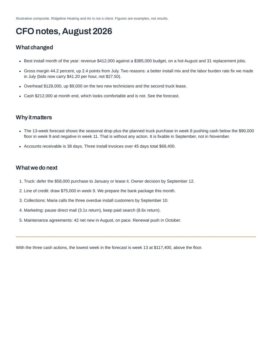 First page of the sample monthly package: written CFO notes for August 2026
